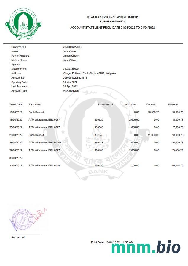 Bangladesz Islami wyciąg bankowy słowo i przykład PDF
